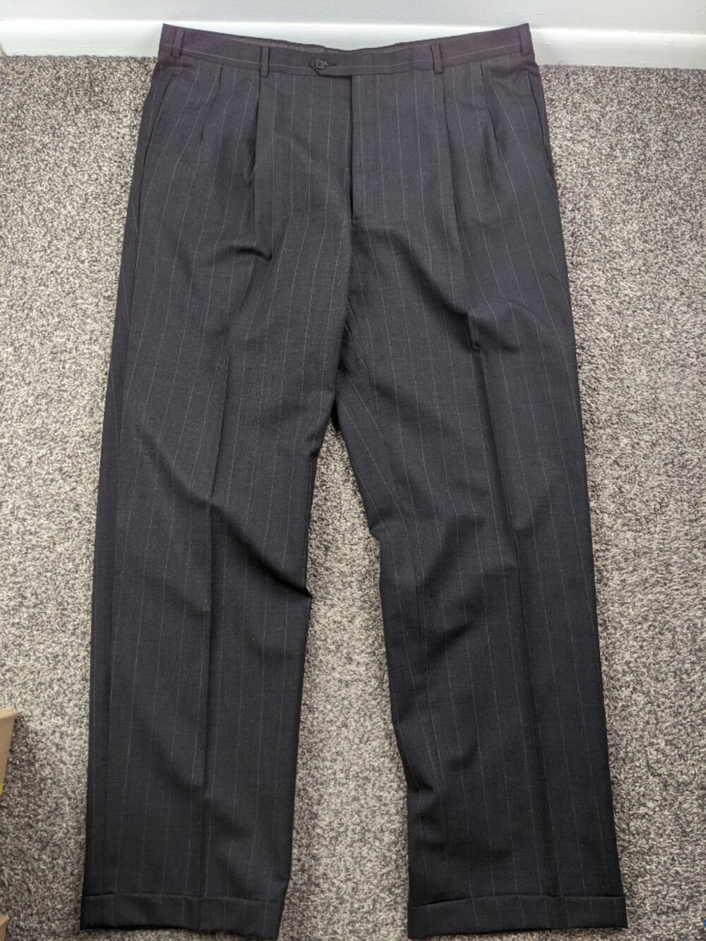 Vintage Perry Ellis 48L Suit Wool Double Breasted Chalk Striped 40x34 USA Made - Picture 13 of 15